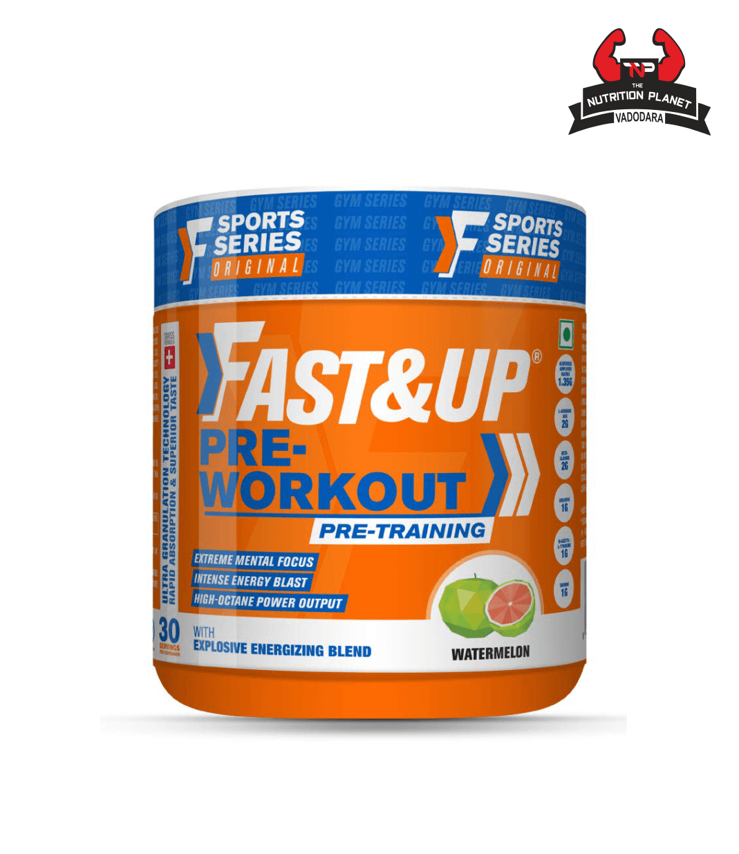 Fast&Up Pre-Workout Supplement (30 Servings, Watermelon Flavour) | Pre Workout Supplement For Men & Women with B-Alanine, Creatine, Taurine For Performance & Energy Boost